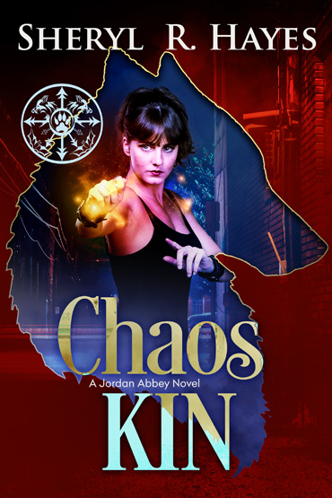 Cover of book Chaos Kin - a brunette woman with magical fire in her hand outlined by the silhouette of a wolf